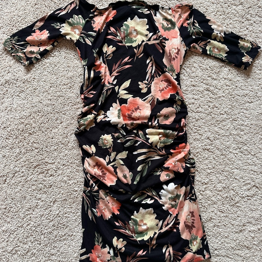 Floral Black Maternity Dress with Peach & Sage Blooms